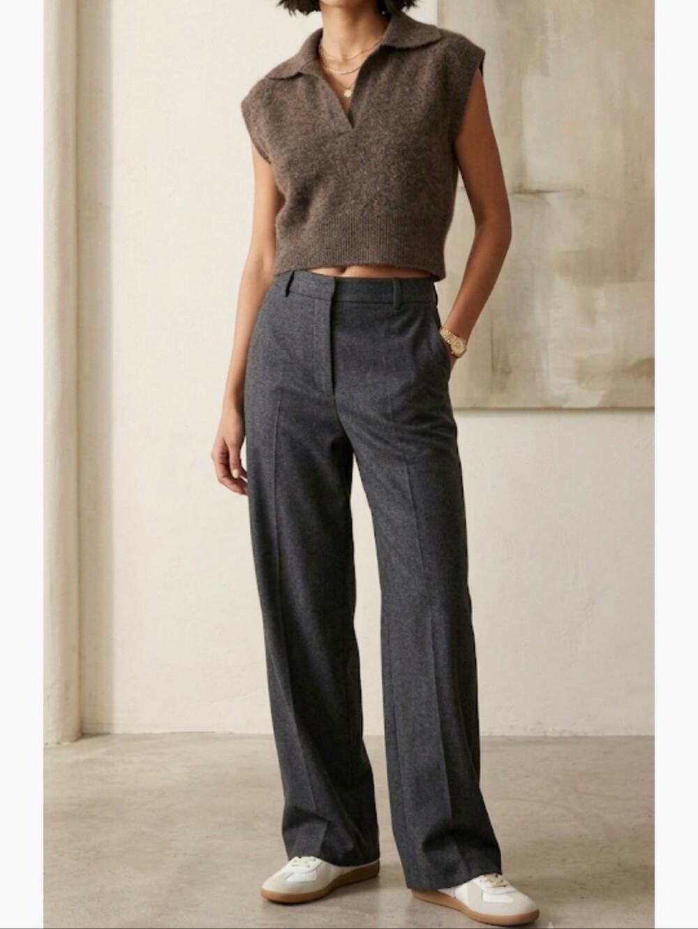 ZARA Neutral brown Crop Knit Polo Vest Sweater - Size Medium